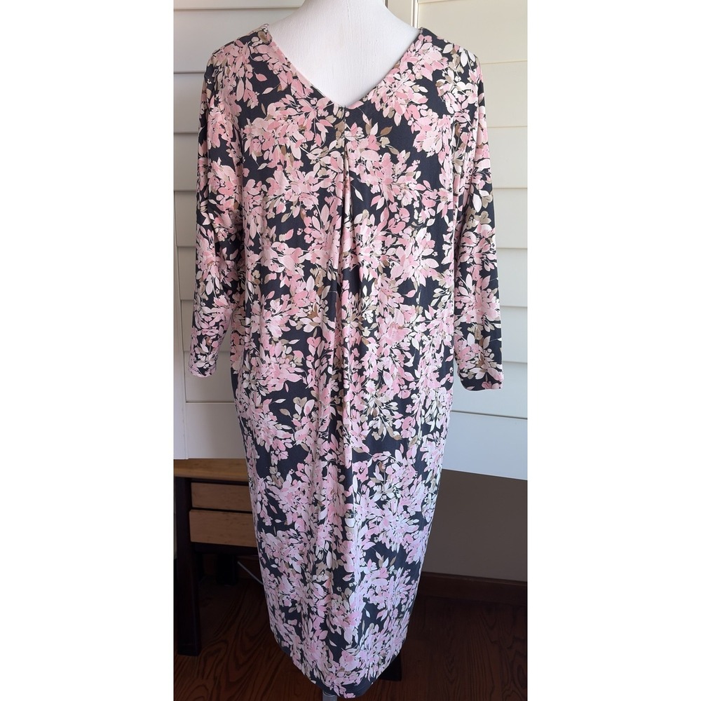 J. Jill Wearever Collection Dress L Shift Double V-Neck Pleat Floral Pockets - Picture 3 of 12